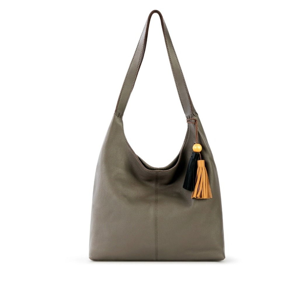 The Sak Huntley Leather Hobo Bag Mushroom Slate Gray Tassel Shoulder Bag NEW